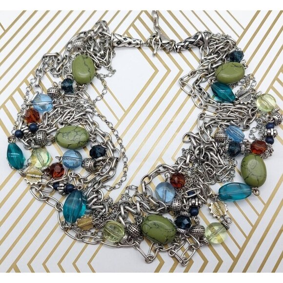 Premier Designs Silver Tone Multi Strand Chain Necklace Colorful Bead Stations - Picture 12 of 13